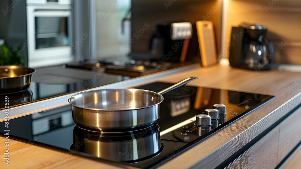 Induction stove, oven and range hood on modern kitchen with wooden furniture. Stainless pan on glass ceramic hob. Cooking food on electric cooker at home. Household appliance. Apartment interior Induction stove, oven and range hood on modern kitchen with wooden furniture. Stainless pan on glass ceramic hob. Cooking food on electric cooker at home. Household appliance. Apartment interior