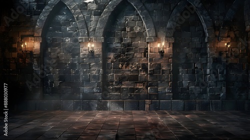 dark medieval castle hall with gothic arches and torches