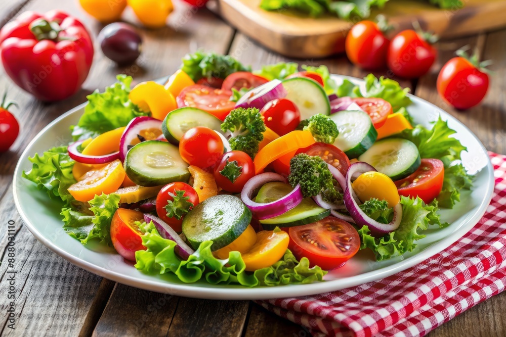 Vibrant colors of fresh summer vegetables - cherry tomatoes, cucumbers, bell peppers, carrots, and lettuce - beautifully arranged in a nutritious salad on a white plate. Vibrant colors of fresh summer vegetables - cherry tomatoes, cucumbers, bell peppers, carrots, and lettuce - beautifully arranged in a nutritious salad on a white plate.