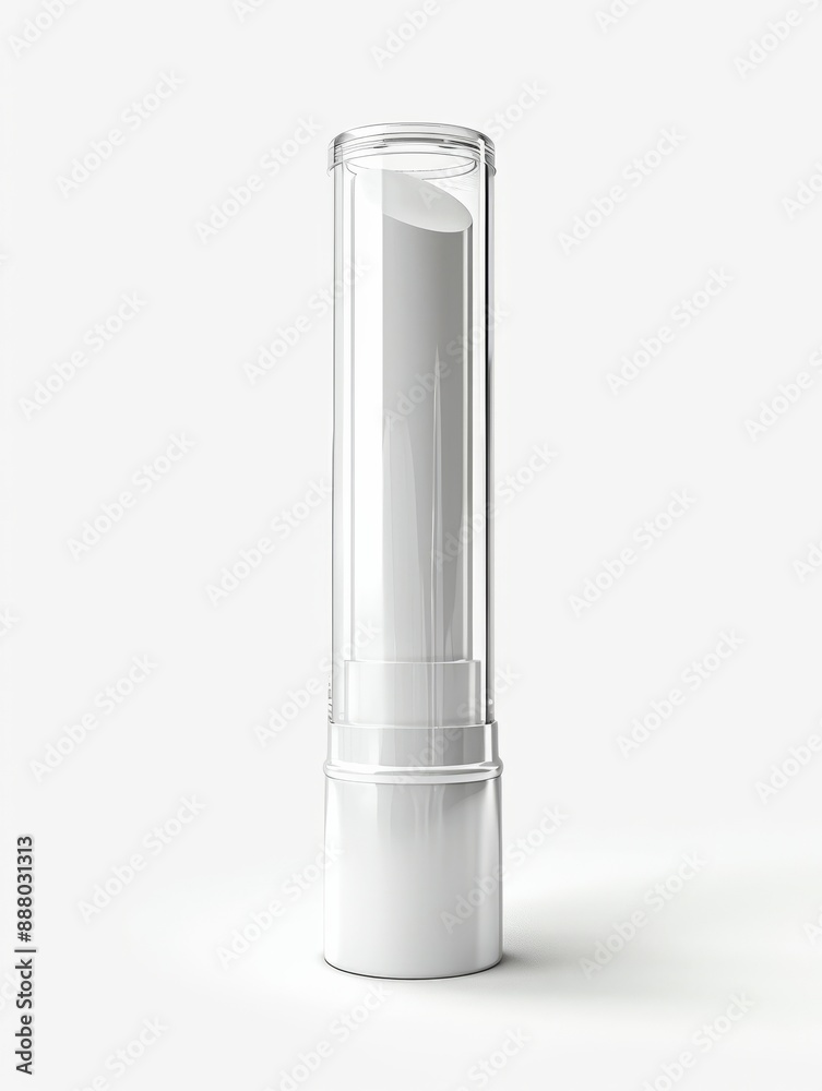 Minimalist high-quality lipstick tube in a clear and white design, standing vertically against a plain white background. Minimalist high-quality lipstick tube in a clear and white design, standing vertically against a plain white background.