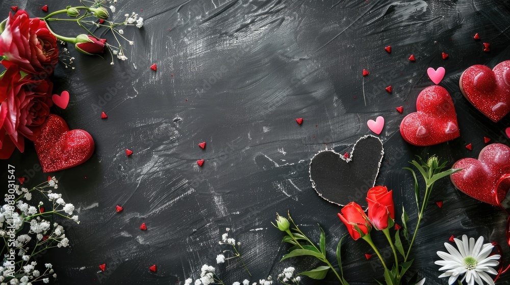 Valentine s Day Vibe with Red Hearts Flowers and Copy Space on Chalkboard Valentine s Day Vibe with Red Hearts Flowers and Copy Space on Chalkboard