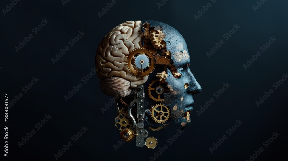 A human head silhouette with gears and cogs visible inside on an isolated black background A human head silhouette with gears and cogs visible inside on an isolated black background