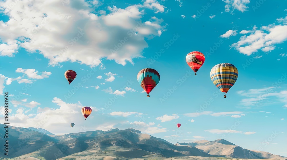 Obraz premium Hot air balloon festival with bright blue sky and beautiful mountains with slightly blurred background, colorful balloons floating in the sky