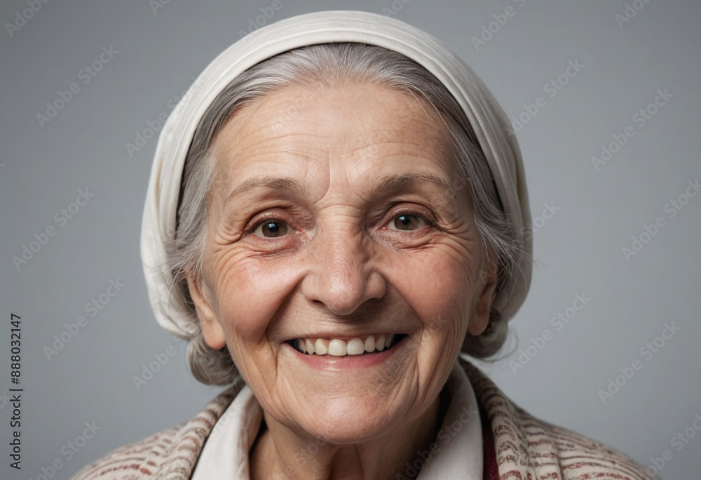 Portrait view of a regular happy smiling Kosovo old woman, ultra realistic, candid, social media, avatar image, plain solid background