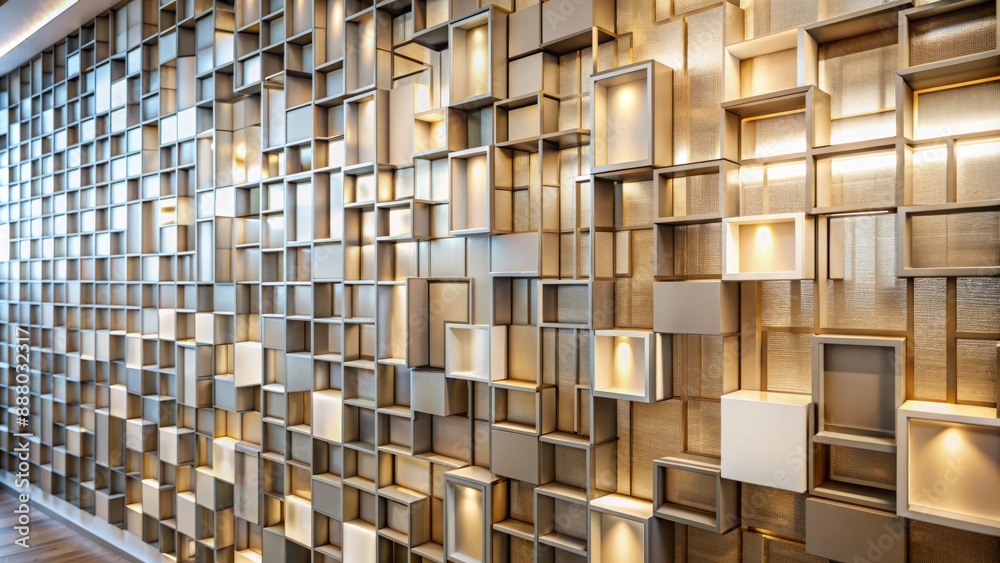 Soft focus blurred abstract background of a modern office interior wall featuring a repetitive geometric pattern of rectangular shapes in neutral colors. Soft focus blurred abstract background of a modern office interior wall featuring a repetitive geometric pattern of rectangular shapes in neutral colors.