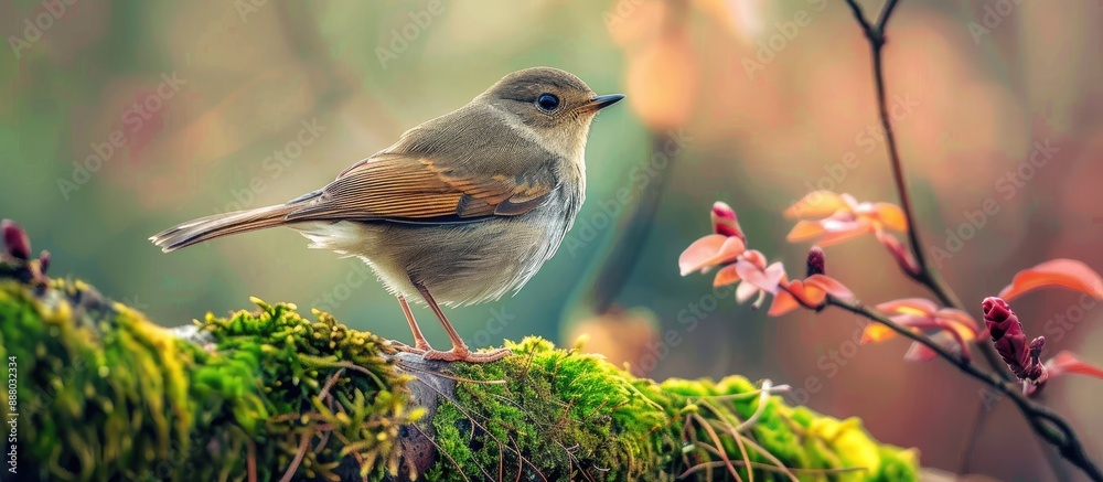 Naklejka premium Bird perched on mossy branch with copy space image