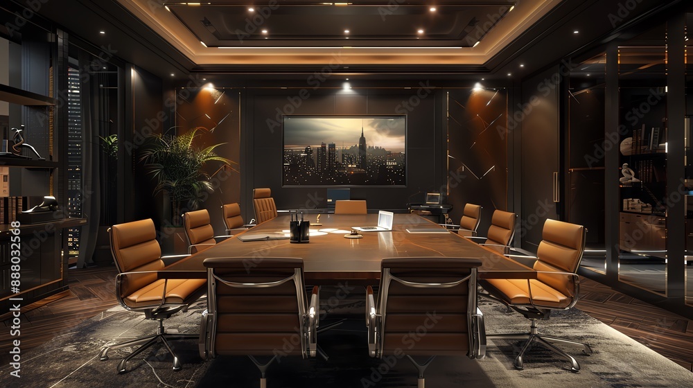 Executive boardroom with a large table, leather chairs, and a sophisticated corporate setting Executive boardroom with a large table, leather chairs, and a sophisticated corporate setting