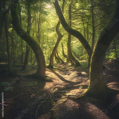 Hola Baciu Forest with lush trees and strange curved trunks, sunlight penetrating creating mysterious shadows on the ground photo