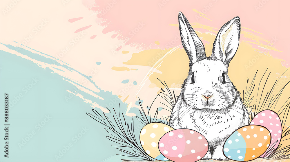 Obraz premium International Labour Day: Simple Black Line Sketch of Easter Bunny and Eggs on Pastel Background.