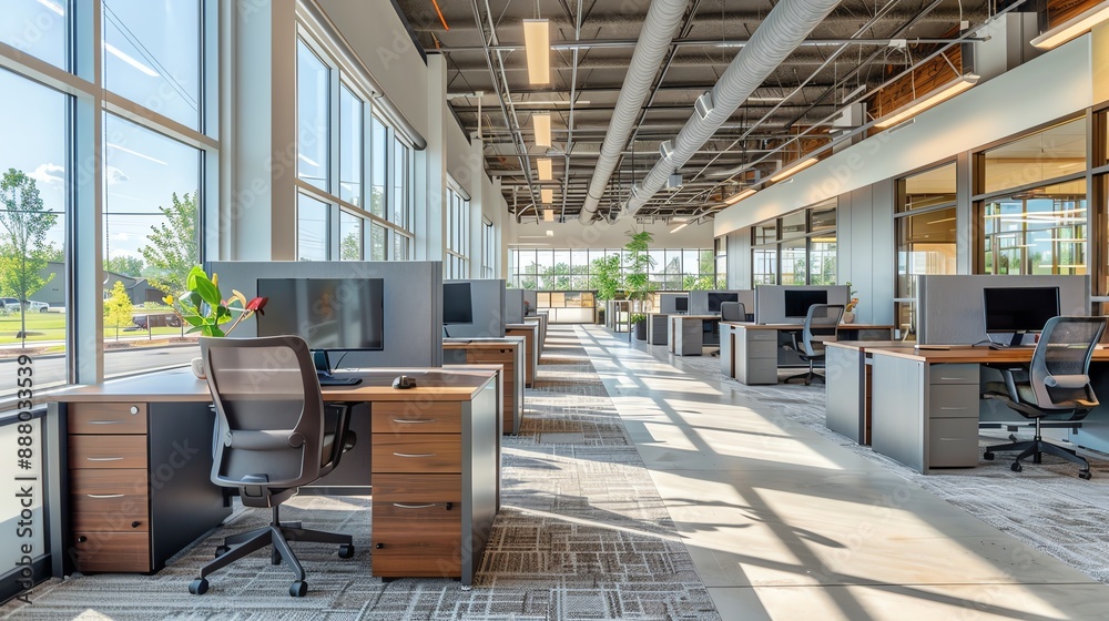 Open office with flexible workspaces, natural light, and a productive, modern environment Open office with flexible workspaces, natural light, and a productive, modern environment