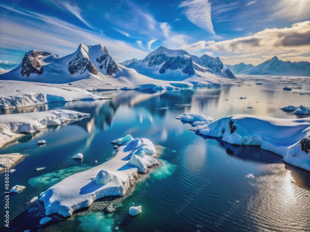 Naklejka premium Breathtaking aerial view of Antarctica's frozen landscape featuring icy rocks, ocean water, glaciers, islands, snow, and majestic icebergs in a serene winter wonderland setting.