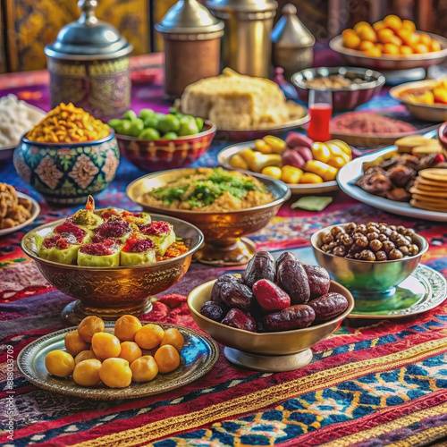 Colorful tablescape of traditional Middle Eastern dishes, dates, and sweets arranged on ornate carpets and cloth, celebrating Eid-al-Adha communal feast and hospitality. photo