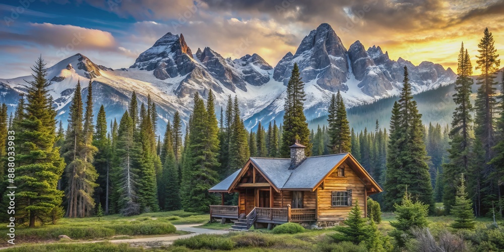 Fototapeta premium Secluded cabin nestled among evergreen trees, surrounded by rugged wilderness, with majestic snow-capped mountains looming in the distance, evoking a sense of serene tranquility.