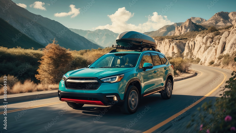 Naklejka premium Teal SUV drives along winding mountain road, with roof box attached