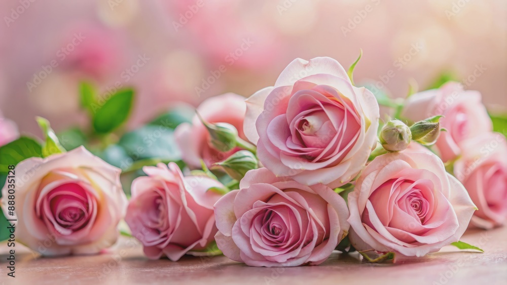 Fototapeta premium Soft focus pink roses with delicate petals and green stems lie gently on a pastel pink background, evoking feelings of romance and elegance.