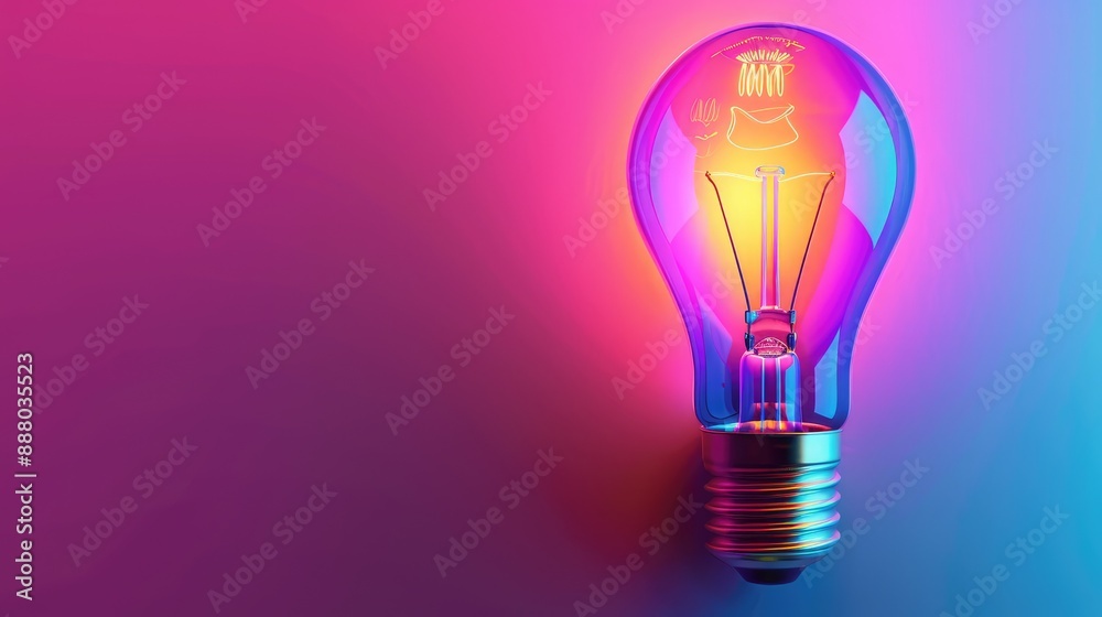 Bright Idea Concept, Colorful Glowing Idea Bulb Lamp Banner with Copy Space Bright Idea Concept, Colorful Glowing Idea Bulb Lamp Banner with Copy Space