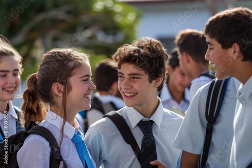 A group of uniformed teenage students outside a school
