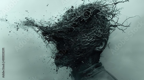 Melancholic Madness: Surreal Scene of Yelling Figure Amidst Abstract Shapes Reflecting Schizophrenic Thoughts and Disturbed Mindset