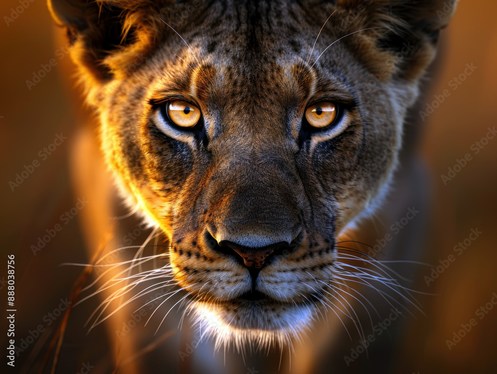 Fototapeta premium A lion with a yellow eye staring at the camera. The image has a warm, golden tone that gives it a sense of power and majesty