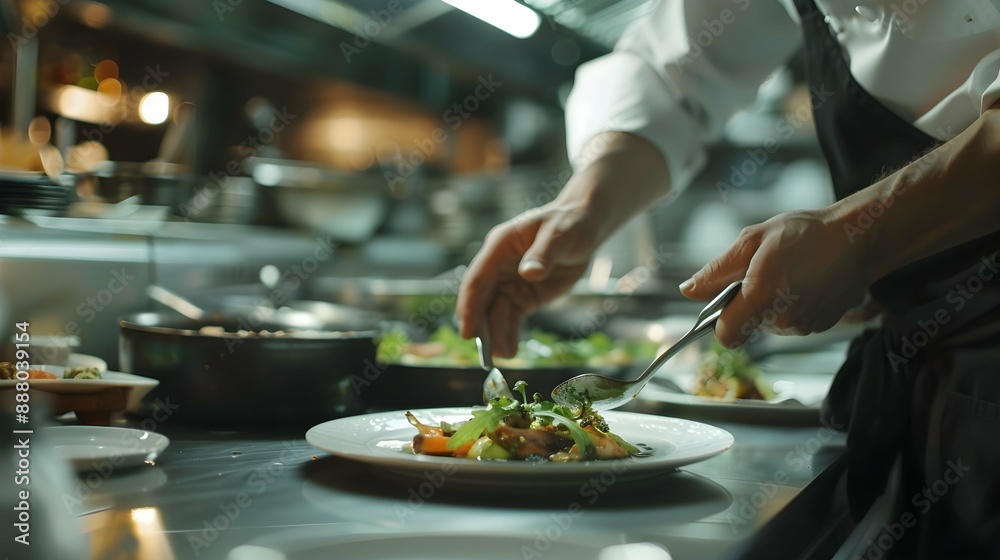 gourmet dish being prepared in a high-end restaurant kitchen gourmet dish being prepared in a high-end restaurant kitchen