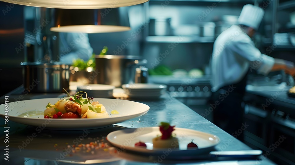 gourmet dish being prepared in a high-end restaurant kitchen gourmet dish being prepared in a high-end restaurant kitchen