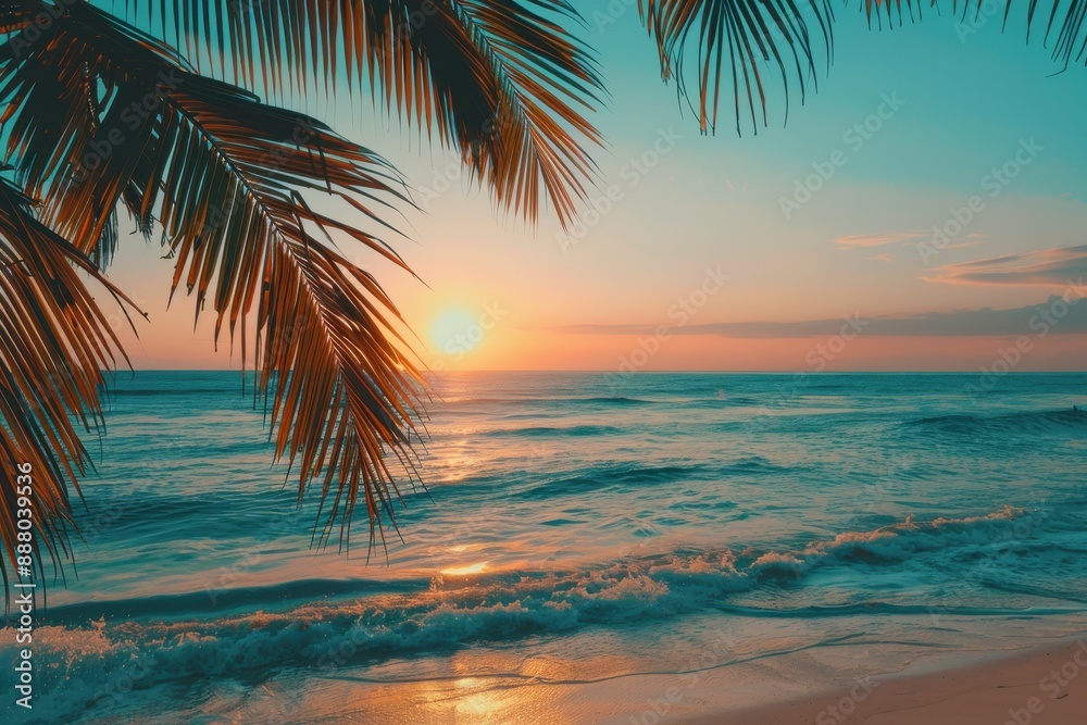 A beautiful closeup of palm leaves, with a stunning sunset in the background over a tranquil beach, capturing the essence of tropical paradise and serenity. A beautiful closeup of palm leaves, with a stunning sunset in the background over a tranquil beach, capturing the essence of tropical paradise and serenity.
