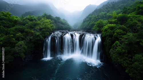 A waterfall with a lush green forest in the background. The water is flowing down the waterfall and the trees are in full bloom. The scene is serene and peaceful, with the sound of the water