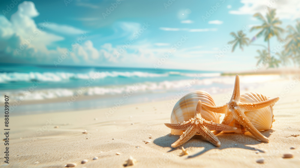 Ready for a Summer vacation. Seashell and Starfish on Sandy Beach, Summer vacation at a tropical beach Ready for a Summer vacation. Seashell and Starfish on Sandy Beach, Summer vacation at a tropical beach
