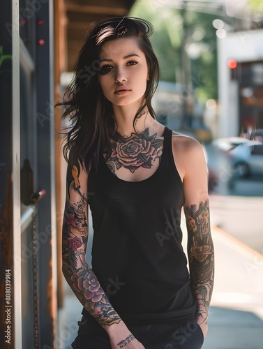girl with tattoos wearing a black mockup tanktop