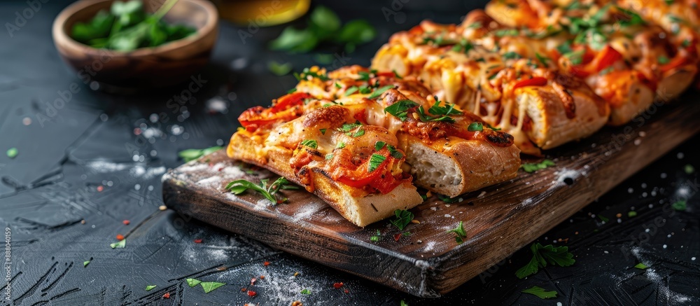 Rustic wooden board displaying a side view of homemade chicken parmesan stuffed garlic bread on a black background with available copy space image Rustic wooden board displaying a side view of homemade chicken parmesan stuffed garlic bread on a black background with available copy space image