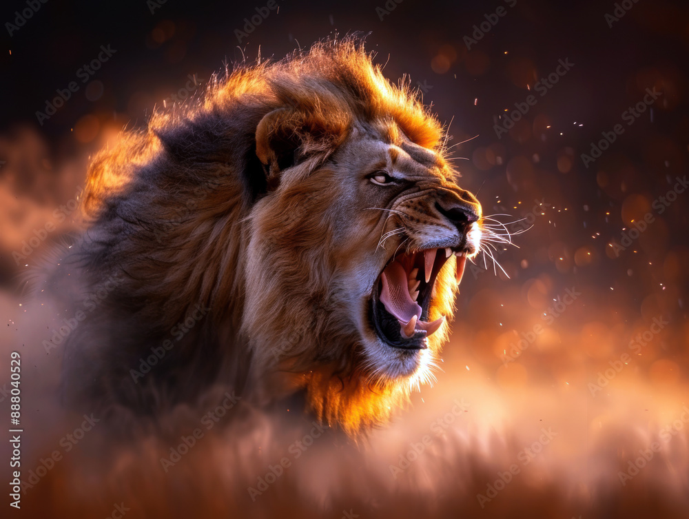 Fototapeta premium A lion is roaring with its mouth open, surrounded by a cloud of dust. The lion's mane is flowing in the wind, and its eyes are wide open, showing its fierce and powerful nature