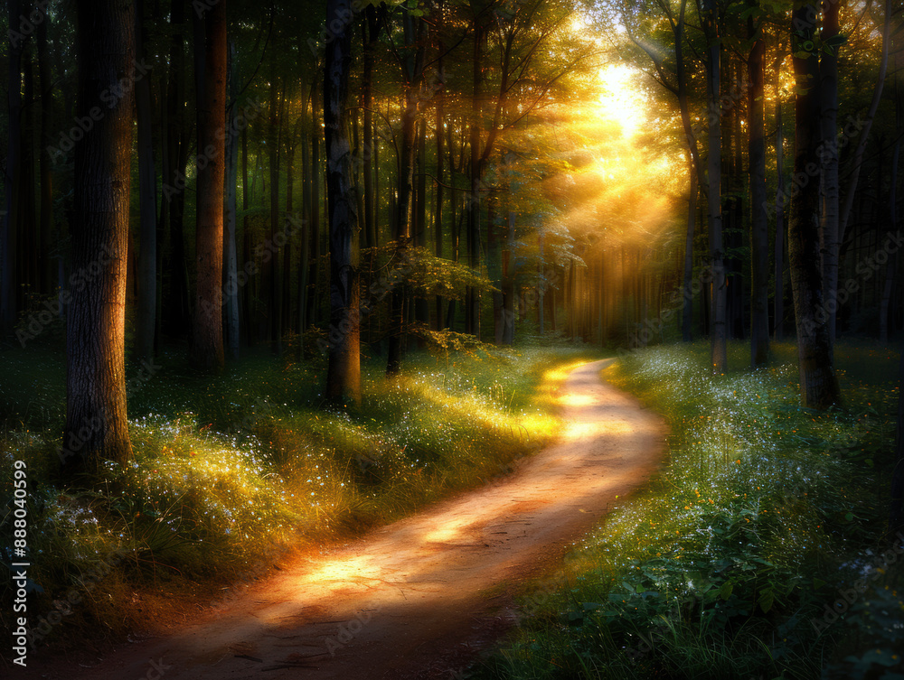 Fototapeta premium A path through a forest with sunlight shining through the trees