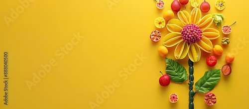 Image of a yellow surface featuring a vibrant flower crafted from various summer fruits providing ample copy space
