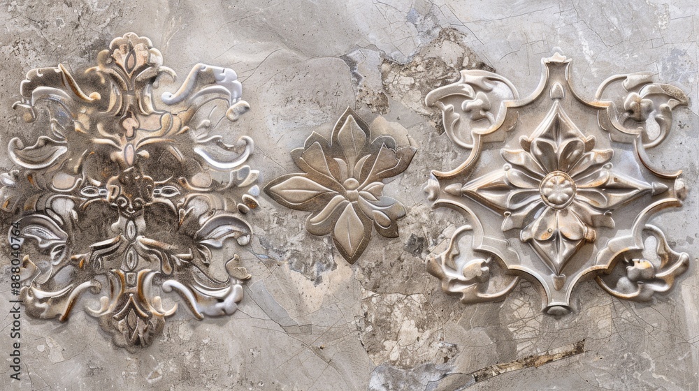 Ornate Floral Design on Concrete Wall.
