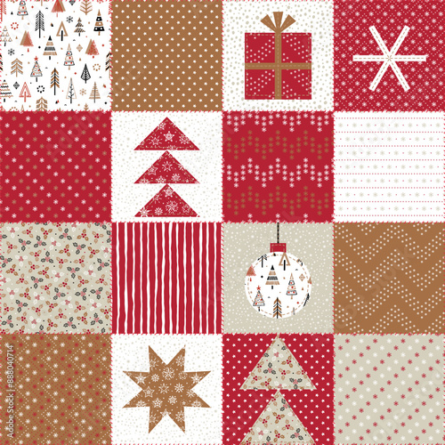 Christmas Patchwork Seamless  pattern. Decorative Abstract Geometric Mosaic Pattern in Folk Style. Quilting Background. Merry Christmas, New Year, Winter Holidays Vector illustration.