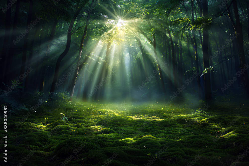 Obraz premium A forest with sunlight shining through the trees. The light is bright and warm, creating a peaceful and serene atmosphere. The trees are tall and green, and the grass is lush and vibrant