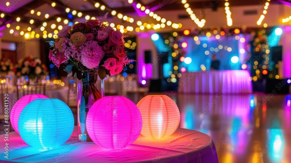 Vibrant Wedding Reception Party with Colorful Lighting, Lively Music Vibrant Wedding Reception Party with Colorful Lighting, Lively Music