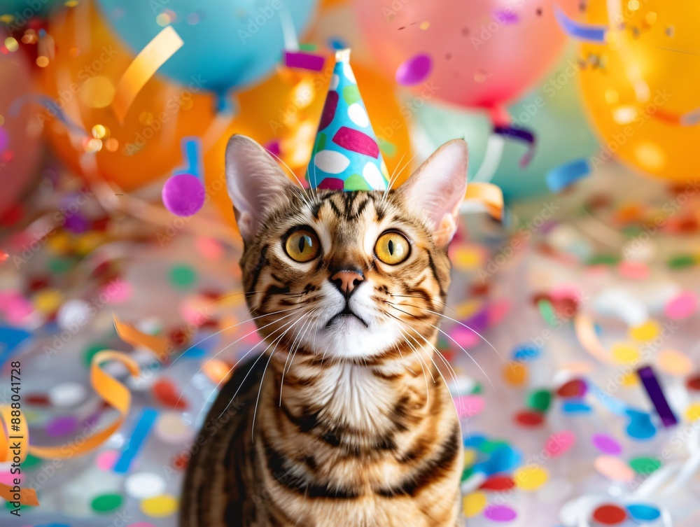 Festive Bengal Cat Celebrates International Cat Day in a Shower of Confetti and Balloons Festive Bengal Cat Celebrates International Cat Day in a Shower of Confetti and Balloons