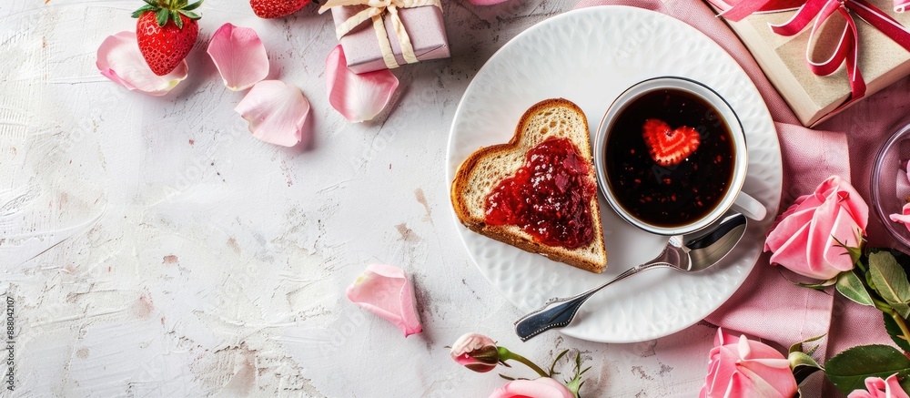 A heart shaped toast with strawberry jam coffee pink roses and a gift box on a Valentine s Day background ideal for a Valentine s or Mother s Day greeting card with copy space image A heart shaped toast with strawberry jam coffee pink roses and a gift box on a Valentine s Day background ideal for a Valentine s or Mother s Day greeting card with copy space image