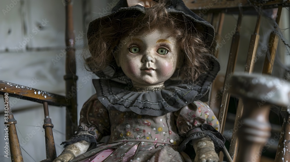 Creepy Porcelain Doll Sitting in Dilapidated Rocking Chair in Abandoned,Gloomy Interior Creepy Porcelain Doll Sitting in Dilapidated Rocking Chair in Abandoned,Gloomy Interior
