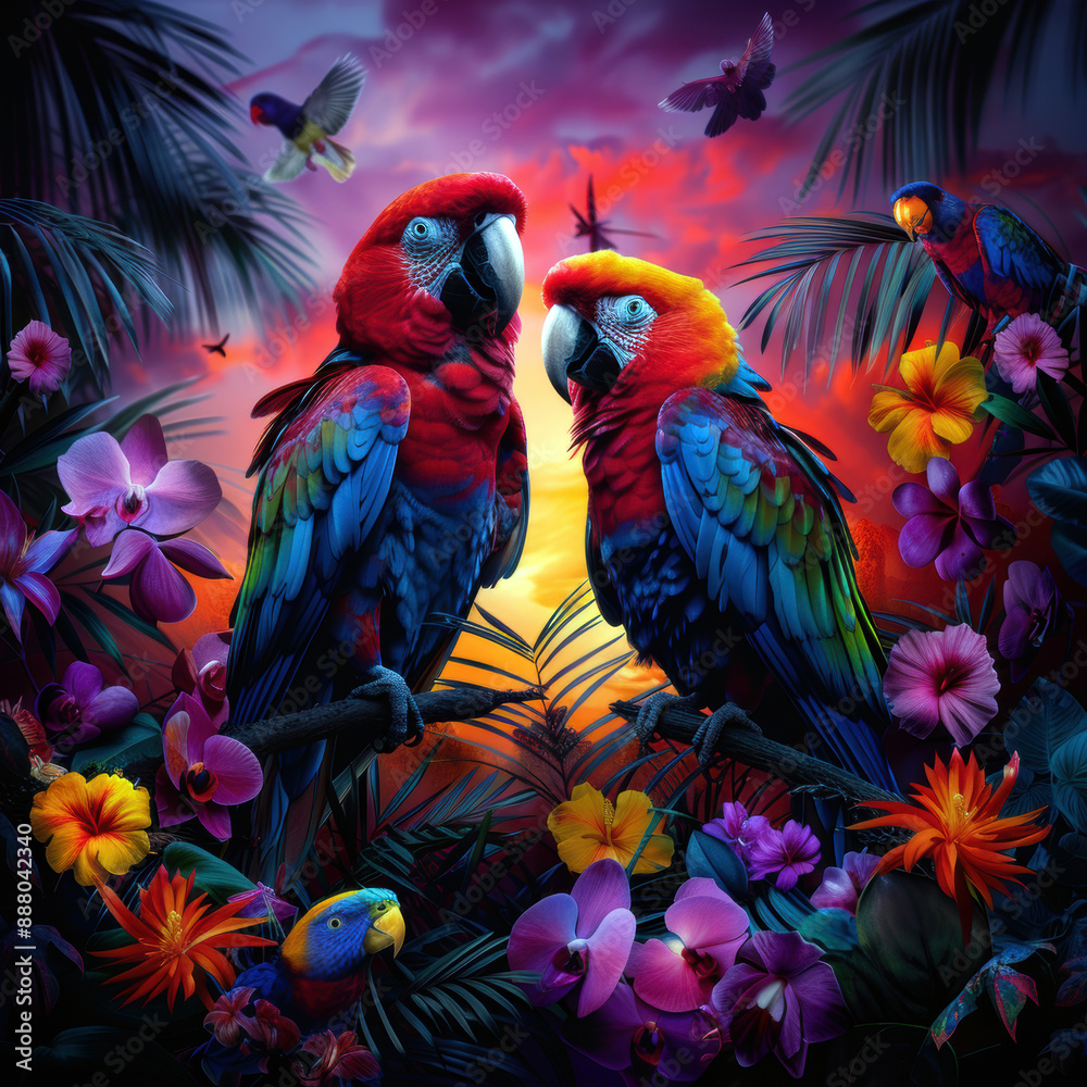 Obraz premium Two parrots are perched on a branch in a lush tropical forest. The birds are surrounded by a variety of colorful flowers and other birds. The scene is vibrant and lively, with a sense of warmth