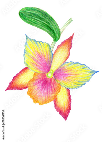 Orchid flower isolated on white background. Hand drawn color pencils illustration.