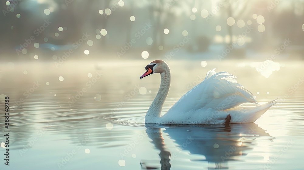 Fototapeta premium Beautiful white swan on calm water with dreamy bokeh effect