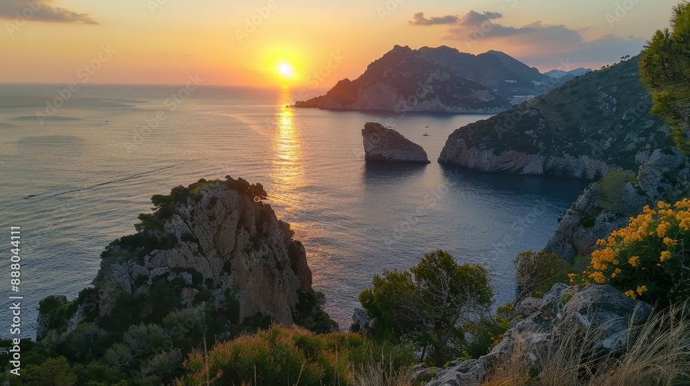 Captivating sunset moment from the Path of the Gods trail, with Li Galli islet Captivating sunset moment from the Path of the Gods trail, with Li Galli islet
