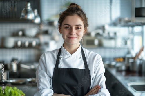 Fototapeta Naklejka Na Ścianę i Meble -  Junge Frau macht Ausbildung zur Köchin im Restaurant