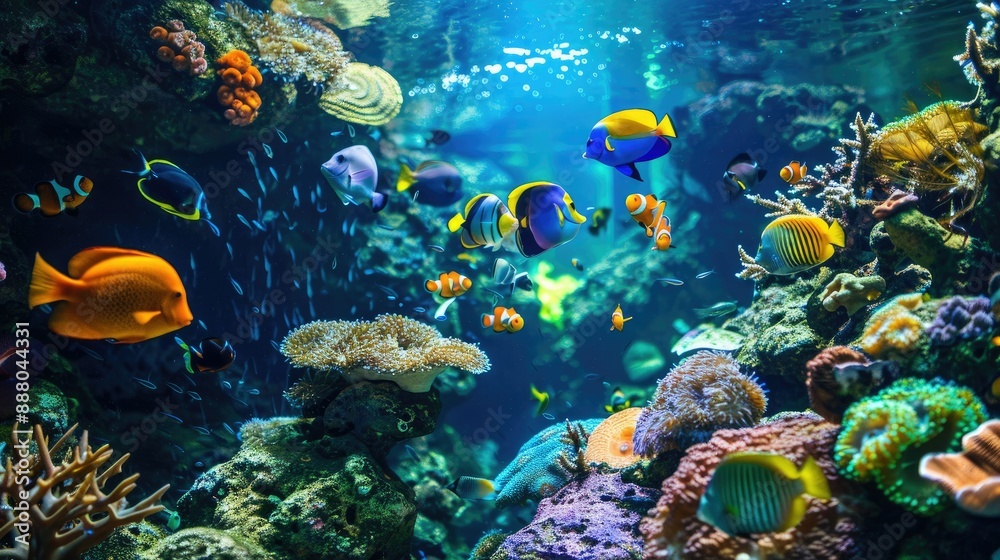 Naklejka premium Close encounter with diverse marine species in a tropical oceanarium