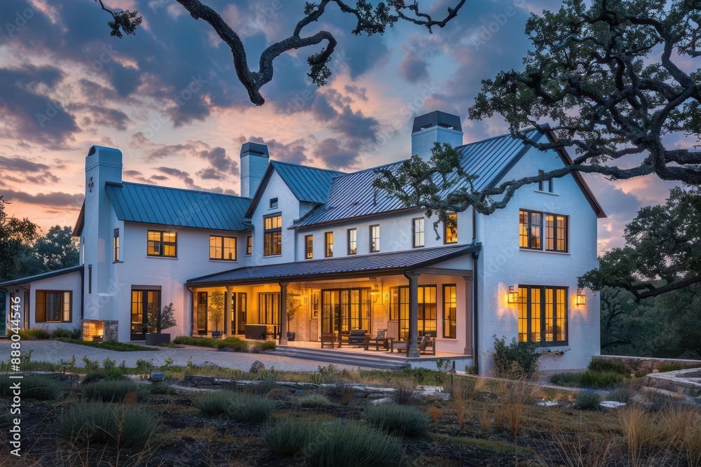 stunning modern farmhouse style luxury home exterior illuminated at enchanting twilight hour architectural photography stunning modern farmhouse style luxury home exterior illuminated at enchanting twilight hour architectural photography