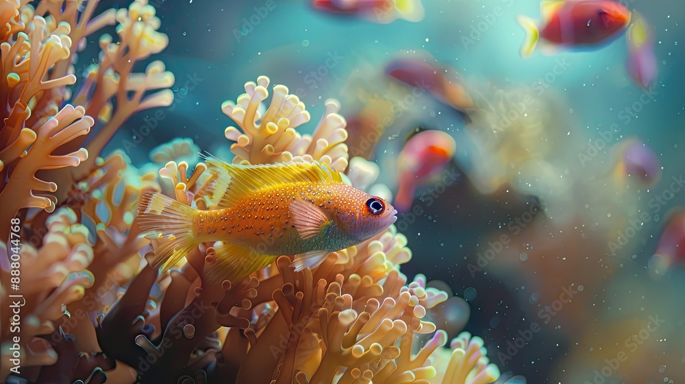 Close-up of small fish exploring intricate coral structures underwater Close-up of small fish exploring intricate coral structures underwater