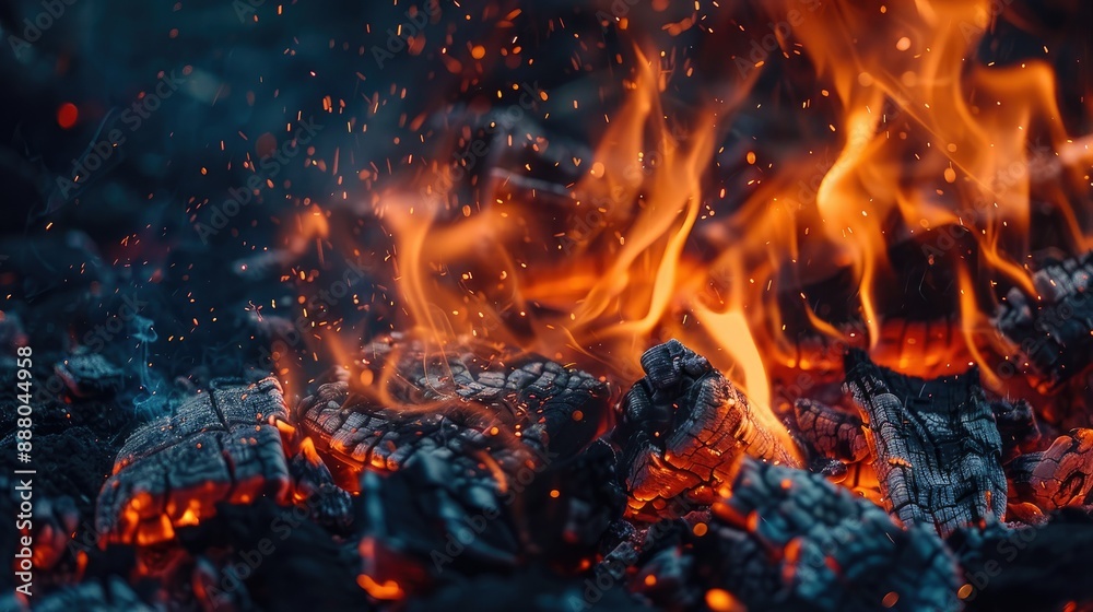 Close-up shot of intense orange flames and glowing embers from smoldering firewoods in a campfire Close-up shot of intense orange flames and glowing embers from smoldering firewoods in a campfire