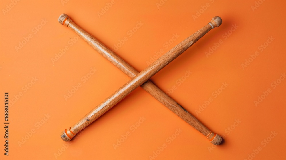 A pair of drumsticks crossed against a solid orange background